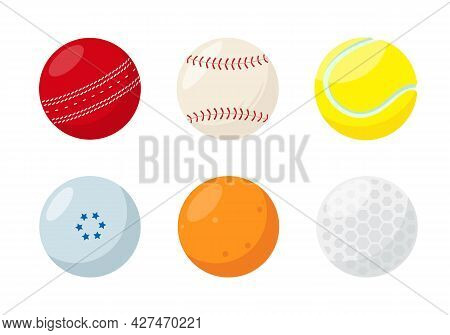 Small Sport Ball Set. Collection Of Balls For Paying Cricket, Tennis, Baseball, Golf, Field Hockey A