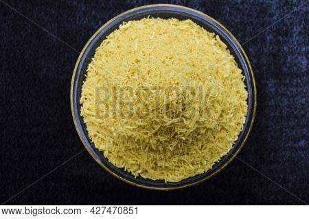 Top View Of Nylon Sev Namkeen Also Known As Jheeni Sev Or Barik Sev, Vermicelli Noodle Fry Served In