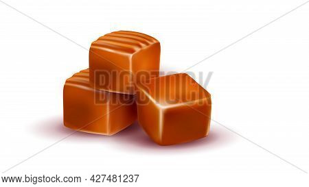 Toffee Caramel Candies Delicious Dessert Vector. Toffee Sweet Tasty Snack Pile Portion, Sweetness Nu
