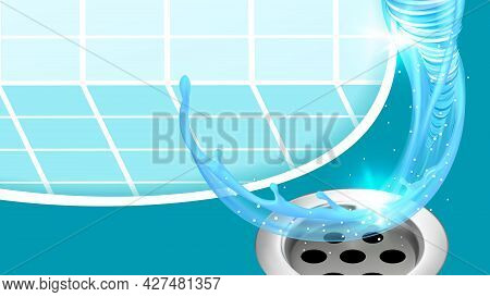 Sink Or Bath Plug Hole And Water Splash Vector. Shower Bathtub Stainless Drain Plug, Flowing Liquid 