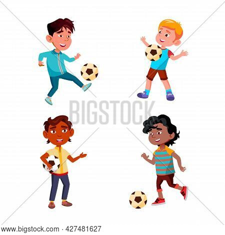 Boys Children Playing Soccer Sport Game Set Vector. Multiracial Kids Play Football Sport Game With B