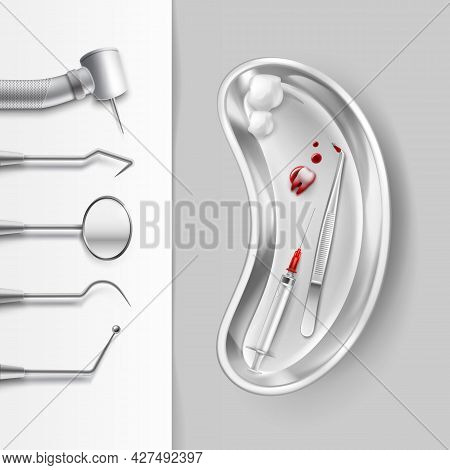 Vector Set Of Stainless Dental Tools Mirror, Drill, Forceps, Hook, Syringe, Plugger With Cotton Ball