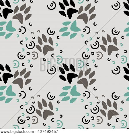 Hand Drawn Vector Illustration With Seamless Pattern Of Color Dog Paws Silhouette