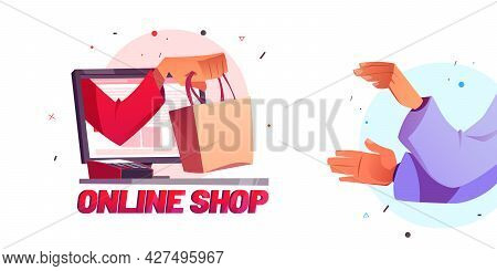Online Shop Cartoon Poster With Hand Giving Shopping Bag To Customer From Computer Desktop And Pos T