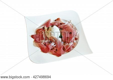 White Plate With Ham And Burata Cheese Isolate On White