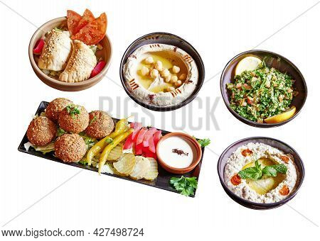 Five Plates And Bowls With Mezze Appetizer Isolated