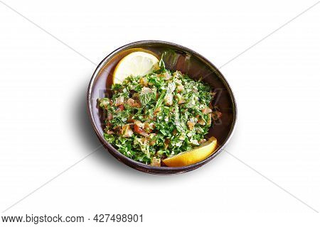 Black Bowl With Taboule Apetizer Isolated On White