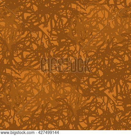 Abstract Lace Vector Seamless Pattern Background. Mottled Ochre Brown Backdrop With Fibrous Thread M