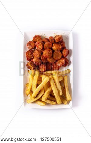 Traditional German Currywurst Isolated On White Background, Typical Oktoberfest Food.suasages With K