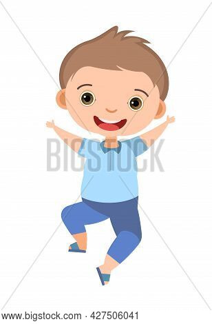 Child Funny. Little Boy. In Fashionable Clothes. Kid Jumps For Joy. Charming Active Cute Character. 