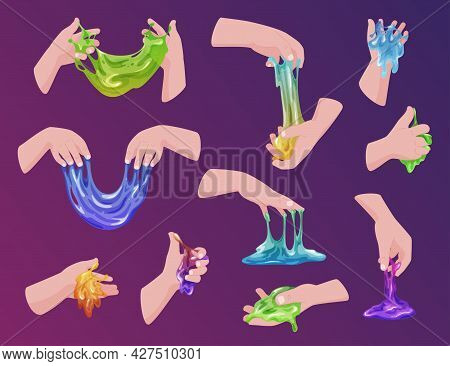 Collection Of Human Hands Holding Colorful Handmade Slimes Vector Glossy Sticky Fluid Game Toy