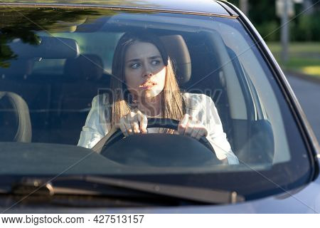 Woman Drives Her Car For The First Time, Tries To Avoid A Car Accident, Is Very Nervous And Scared, 