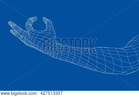 Hand Hold Some Tiny Or Thin Object. Vector Rendering Of 3d. Wire-frame Style. Hand Hold Somethin