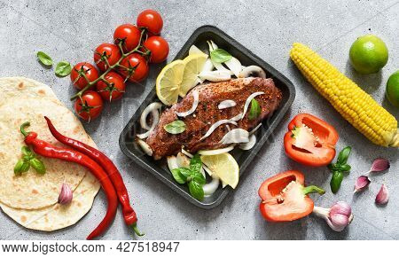 Ingredients For Making Tacos. Mexican Food. Corn Tortilla With Beef And Vegetables.