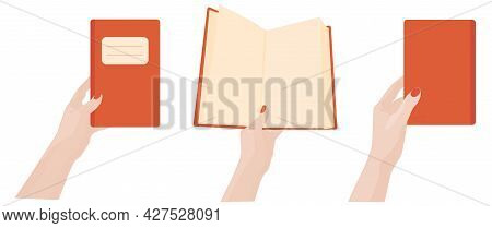 Reading Books Vector Stock Illustration. The Notebook Is Held By A Female Hand. Space For The Text.a