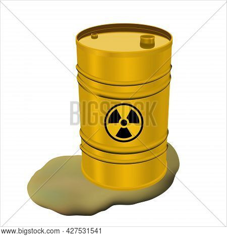 Yellow Metal Barrel With Radioactive Waste And Spilled Liquid. Concept Of Pollution. Toxic Refuse Ke