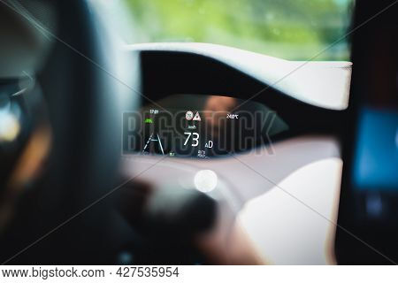 Madona, Latvia - July 20, 2021: New Skoda Enyaq Iv, A Suv Electric Car. Defocused