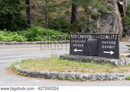 Sign For Box Canyon Of The Cowlitz In Mt. Rainier National Park In Washington State