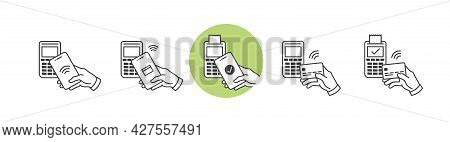 Nfc Wireless Pay Technology Linear Icon Set. Contactless Payment Symbols. Hand Holding Smartphone An
