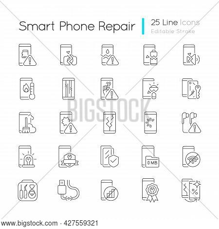 Smartphone Repair Linear Icons Set. Mobile Phone Renovate. Different Type Device Problems. Customiza