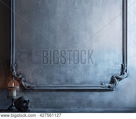 Mystical Halloween Still-life Background. Skull, Candlestick With Candles, Old Fireplace. Horror And