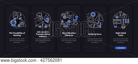 Autonomous Cars Cons Onboarding Mobile App Page Screen. Self-driving Bad Sides Walkthrough 5 Steps G