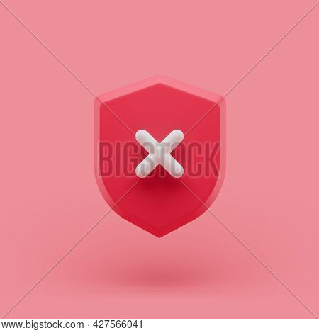 Shield Unprotected Icon With Cross Simple 3d Illustration On Pastel Abstract Background. Minimal Con