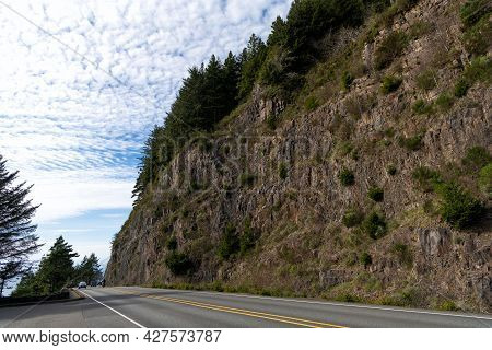 Scenic Road. Mountain Road In Oregon, Usa. Travel Way And Landscape. Auto Route And Nature