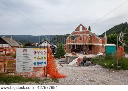 Bled, Slovenia - June 12, 2021: Entry To A Construction Site Of A Single Family House, In A Resident