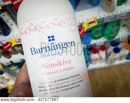 Belgrade, Serbia - July 11, 2021: Barnangen Logo On A Shower Cream Liquid Soap Bottle For Sale. Barn