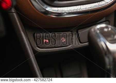 Novosibirsk, Russia - July 15, 2021:   Opel Mokka, Close-up Of Off Road, Parking Brake, Auto Hold Bu