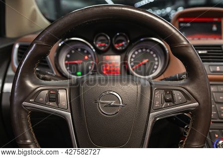 Novosibirsk, Russia - July 15, 2021:   Opel Mokka, Auto Interior: Steering Wheel With Logo And Butto