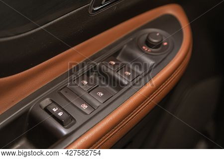 Novosibirsk, Russia - July 15, 2021:   Opel Mokka, Car Door Interior Armrest With Window Control Pan