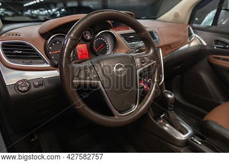 Novosibirsk, Russia - July 15, 2021:   Opel Mokka, Auto Interior: Steering Wheel With Logo And Butto