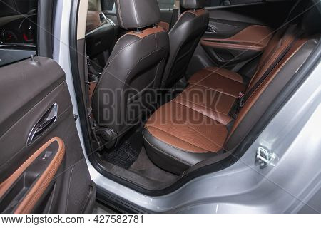Novosibirsk, Russia - July 15, 2021:   Opel Mokka, Clean Car Interior. Brown   Leather  Back Seats