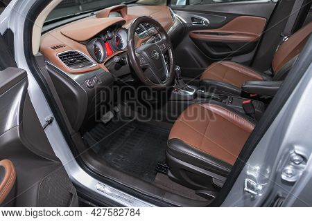 Novosibirsk, Russia - July 15, 2021:   Opel Mokka, Steering Wheel, Shift Lever, Multimedia  Systeme,