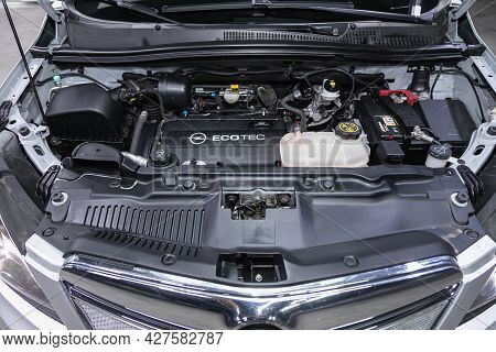Novosibirsk, Russia - July 15, 2021:   Opel Mokka, Close Up Detail Of New Car Engine