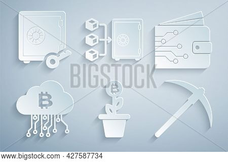 Set Bitcoin Plant In The Pot, Cryptocurrency Wallet, Cloud Mining, Pickaxe, Proof Of Stake And Icon.