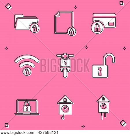 Set Folder And Lock, Document, Credit Card With, Wifi Locked, Electric Scooter And Open Padlock Icon