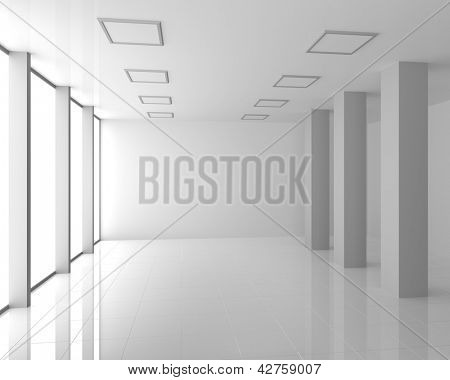Vacío Interior blanco moderno con grandes ventanas y columnas