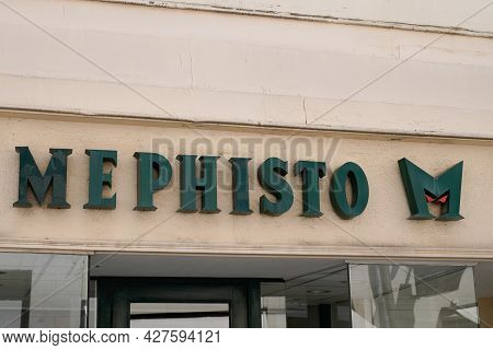 Toulouse , Occitanie France  - 06 25 2021 : Mephisto Sign Text Store And Logo Brand Shop On Facade B