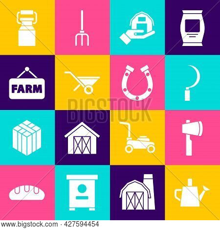 Set Watering Can, Wooden Axe, Sickle, Farm House Hand, Wheelbarrow, Signboard With Text, Can Contain