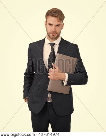 Be Calm And Focus On Your Work. Computer Manager Keep Laptop. Handsome Man Run Startup Business. E-b