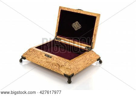 Empty Open Wooden Jewelry Box With Velvet Lining And Vintage Accessories And Clipping Pathon White B