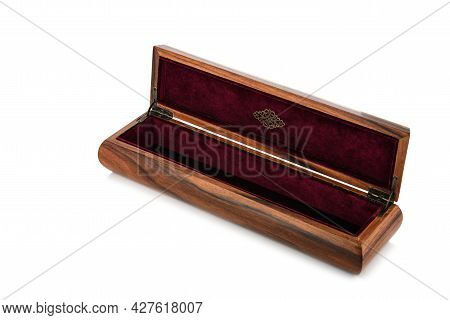 Empty Open Wooden Jewelry Box With Velvet Lining And Vintage Accessories And Clipping Pathon White B