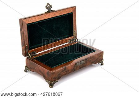 Empty Open Wooden Jewelry Box With Velvet Lining And Vintage Accessories And Clipping Pathon White B