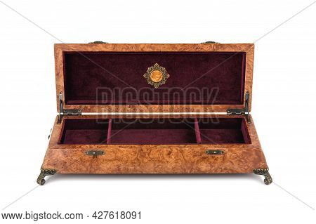 Empty Open Wooden Jewelry Box With Velvet Lining And Vintage Accessories And Clipping Pathon White B