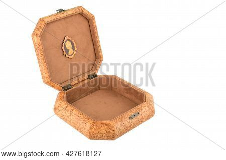 Empty Open Wooden Jewelry Box With Velvet Lining And Vintage Accessories And Clipping Pathon White B