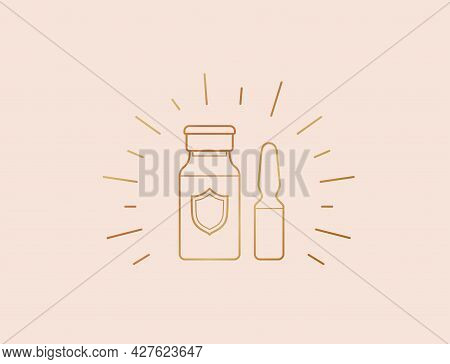 Golden Line Vaccine Bottles Illustration. Measure To Prevent Virus Spread. Elegant Vector Linear Amp