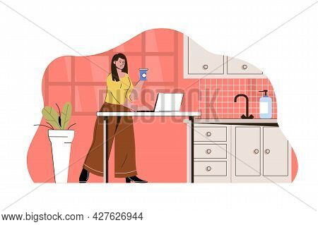 Outsource Work Concept. Woman Remote Worker Working In Kitchen Of Home Situation. Freelancer, Projec